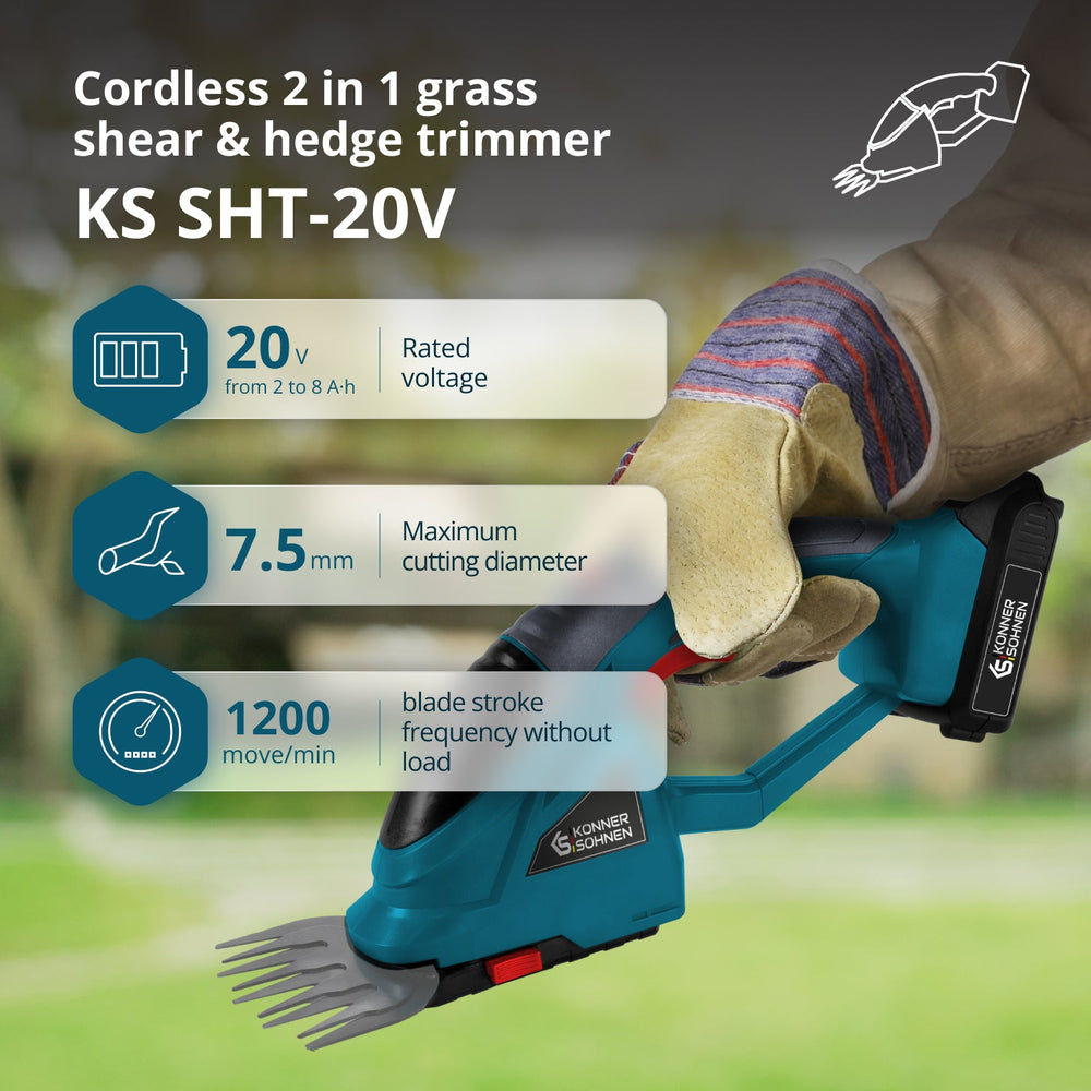 Cordless 2 in 1 Grass Shear and Hedge Trimmer with Telescopic Extension Pole KS SHT-20V + Extension Pole