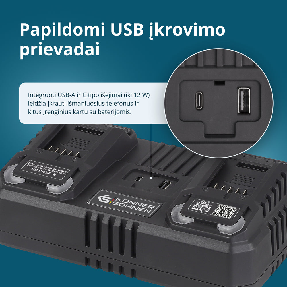 Dvigubas įkroviklis įkraunamoms baterijoms 20V KS C45A-2